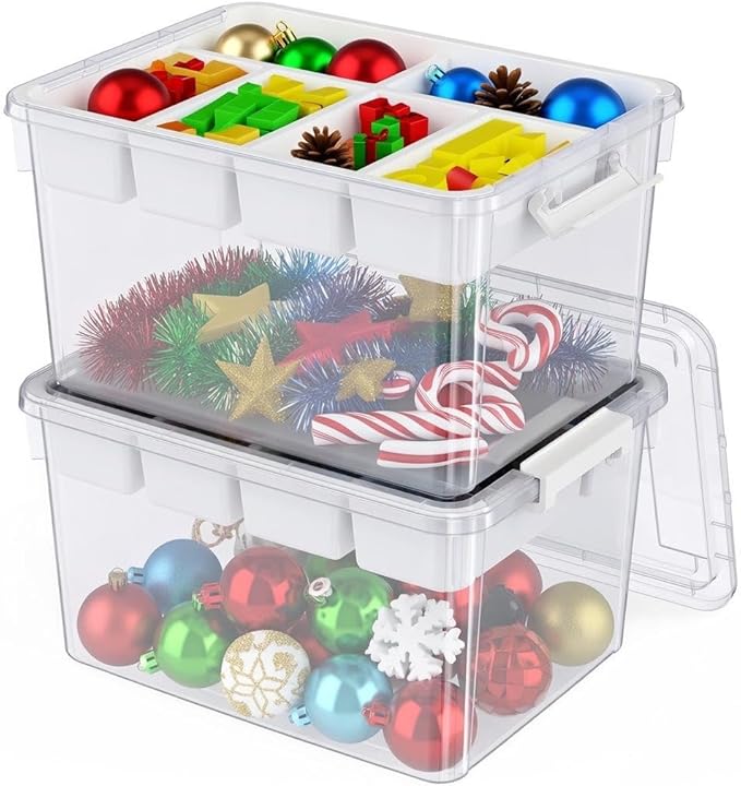 HOMETUK 80Qt Plastic Storage Bins with Lids, Clear Latching Organizers Boxes with Removable Trays, Large Portable Storage Containers, for Holiday Ornaments, Home Organization, 2Pack