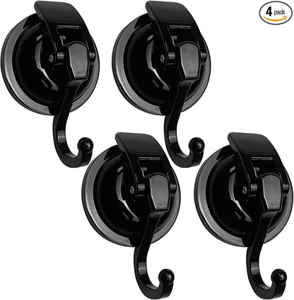 YSSILADI Heavy Duty Suction Cup Hooks for Shower, Bathroom Robe, Garland Decoration - Vacuum Glass Hooks, Reusable, No Hole Punched (Black, 4 Pack)