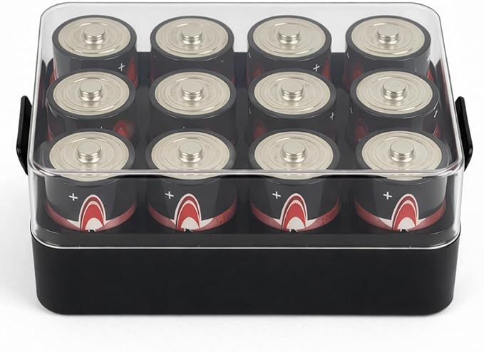 ALCYON Battery Organizer Storage Case, Battery Vault Box Container for 12pcs D Batteries, Plastic Clear Protective Battery Holder for Travelling/Home/Office, Black, Large