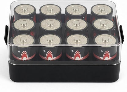 ALCYON Battery Organizer Storage Case, Battery Vault Box Container for 12pcs D Batteries, Plastic Clear Protective Battery Holder for Travelling/Home/Office, Black, Large