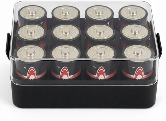 ALCYON Battery Organizer Storage Case, Battery Vault Box Container for 12pcs D Batteries, Plastic Clear Protective Battery Holder for Travelling/Home/Office, Black, Large