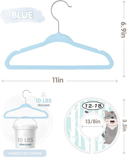 VIS'V Baby Hangers, 11 Inch Velvet Kids Hangers with 6 Pcs Clothes Size Dividers, Infant Toddler Nursery Closet Organization, Non Slip, Blue, 30 Pcs
