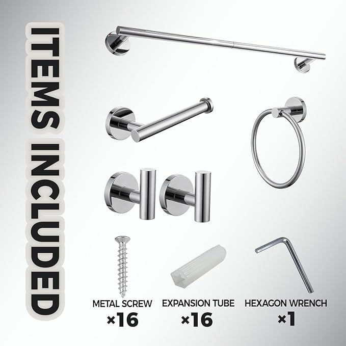 Brushed Nickel 5 Piece Bathroom Hardware Set, SUS304 Stainless Steel Lightweight 24 Inch Bath Towel Bar Set