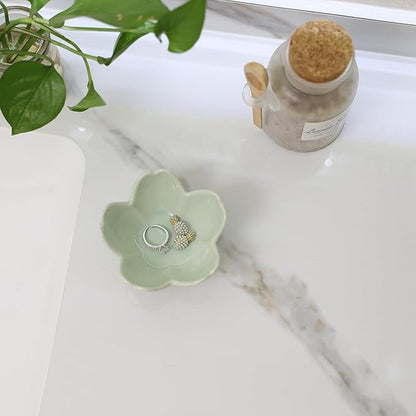 YZMICSTAR Flower Ring Dish Holder,Jewelry Dish Tray,Small Trinket Tray,Jewelry Plate Bowl,Key Bowl,Decorative Plate,Birtdhay Christmas Gifts for Women Friends,Ceramic Kiln effect Green