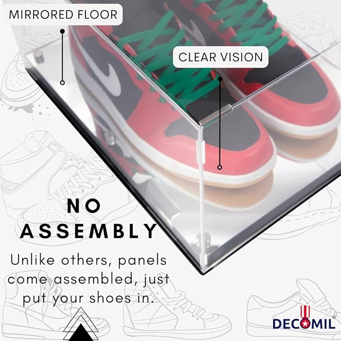 DECOMIL – Shoe Display Case, Acrylic Shoe Display Box, 2 Shoes Display, 16"x10"x12" Clear Display, Mirrored Floor Sports Memorabilia Case