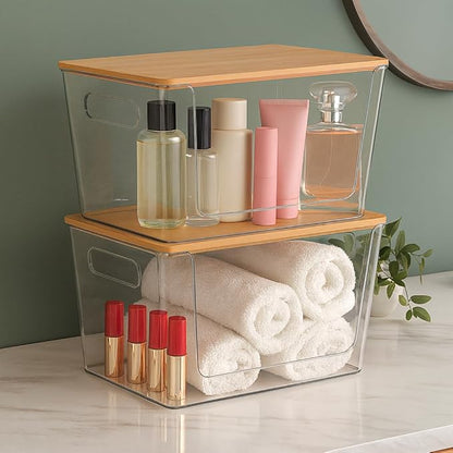 2 Pack Trash Bag Holder with Bamboo Lid - Stackable Under Sink Organizer & Garbage Bag Dispenser for Kitchen Organization - Large Plastic Holder for Laundry Room, Pantry, Bathroom, Cabinets