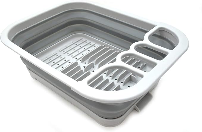 SAMMART Collapsible Dish Drainer with Drainer Board - Foldable Drying Rack Set - Portable Dinnerware Organizer - Space Saving Kitchen Storage Tray (1, Grey)