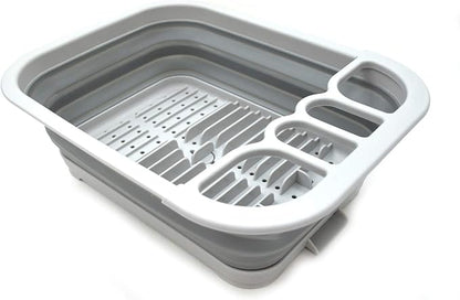 SAMMART Collapsible Dish Drainer with Drainer Board - Foldable Drying Rack Set - Portable Dinnerware Organizer - Space Saving Kitchen Storage Tray (1, Grey)