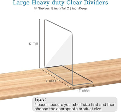 OKPOW Shelf Dividers Closet Organizer - 12" Tall X 9" Deep Acrylic Clear Sturdy Separate for Clothes Purse - Adjustable Space Saver Easy Install for Home Organization Enthusiasts 4 Pack
