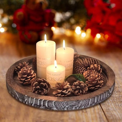Round Decorative Wooden Serving Trays for Ottoman Coffee Table Tray Farmhouse Kitchen Home Decor Accents Circle Circular Wood Decorations Trays Rustic Dining Table Centerpiece Candle Holder Tray