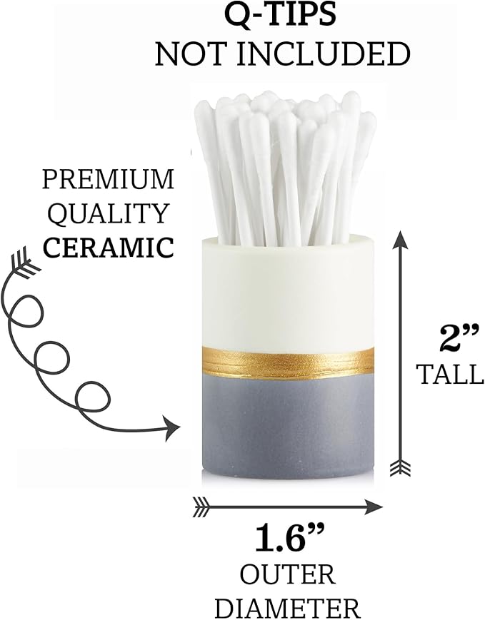 Home Haven Qtip Holder - White/Navy with Gold Stripe - Q Tip Holder for Bathroom, Bathroom Vanity Decor, Floss Pick Holder, Cotton Swab Holder, Bathroom Sink Decor, Flosser Holder, Cute Bathroom Decor