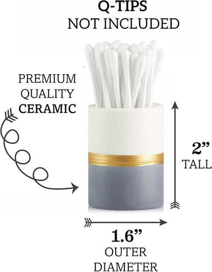 Home Haven Qtip Holder - White/Navy with Gold Stripe - Q Tip Holder for Bathroom, Bathroom Vanity Decor, Floss Pick Holder, Cotton Swab Holder, Bathroom Sink Decor, Flosser Holder, Cute Bathroom Decor
