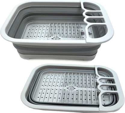 SAMMART Set of 2 Collapsible Dish Drainer with Drainer Board - Foldable Drying Rack Set - Portable Dinnerware Organizer - Space Saving Kitchen Storage Tray (2, Grey)