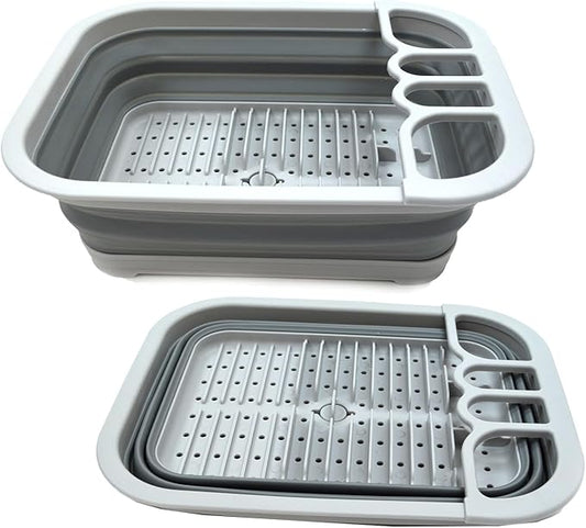 SAMMART Set of 2 Collapsible Dish Drainer with Drainer Board - Foldable Drying Rack Set - Portable Dinnerware Organizer - Space Saving Kitchen Storage Tray (2, Grey)