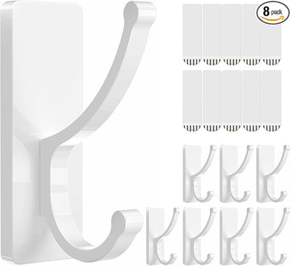 pickpiff Adhesive Wall Hooks with Strip - No Residue, Easy to Remove, Strong Heavy Duty Sticky Towel Hook, 8 Pack White