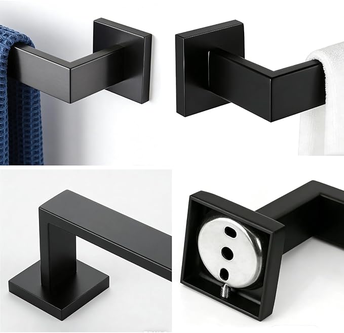 10 Pieces Bathroom Accessories Towel Bar SUS304 Stainless Steel Matte Black Towel Holder Wall Mounted Heavy Duty Towel Rack Bathroom Towel Rod Modern Square Base Design(10, Matte Black, 16 Inch)