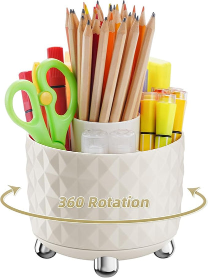 Marbrasse Desk Organizer, 360-Degree Rotating Pen Pencil Holder for Desk, Desk Organizers and Accessories with 5 Compartments Pencil Organizer (Milky white)