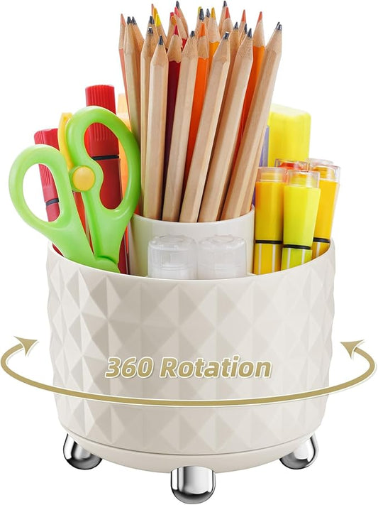 Marbrasse Desk Organizer, 360-Degree Rotating Pen Pencil Holder for Desk, Desk Organizers and Accessories with 5 Compartments Pencil Organizer (Milky white)