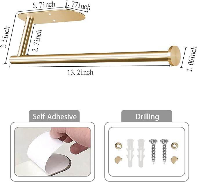 Paper Towel Holder Under Cabinet Wall Mount Paper Towel Rack Kitchen Paper Holder Self Adhensive Jumbo Rolls Paper Towel Holders for Kitchen Bathroom Farmhouse Accessories SUS 304 Stainless Steel,Gold