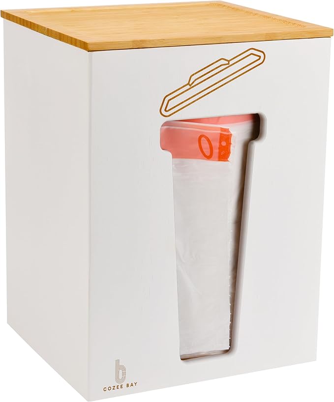 Cozee Bay Bamboo Trash Bag Dispenser with Lid, Trash Bag Holder Organizer, Garbage Bag Dispenser for Kitchen Countertop, Under Sink and Wall Mount - Extra Large (White)
