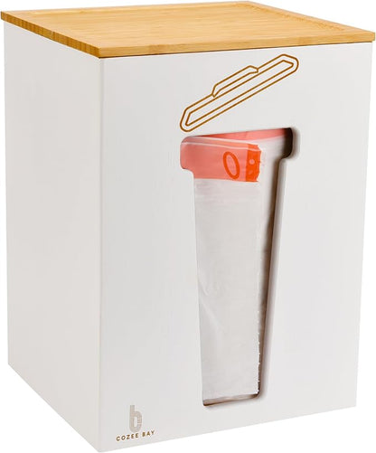 Cozee Bay Bamboo Trash Bag Dispenser with Lid, Trash Bag Holder Organizer, Garbage Bag Dispenser for Kitchen Countertop, Under Sink and Wall Mount - Extra Large (White)