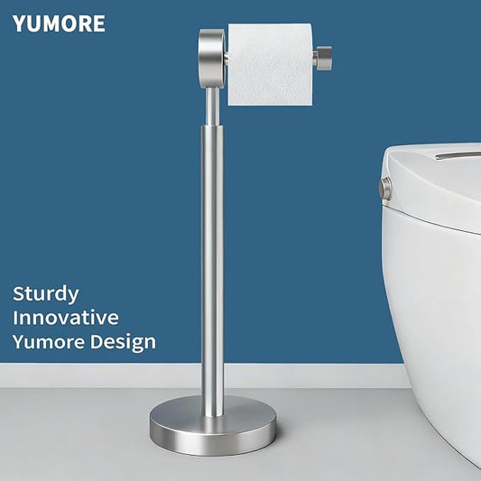 YUMORE Toilet Paper Holder Stand, Modern Style Freestanding Bathroom Tissue Roll Stand with Sturdy Base for Bathroom & Living Room (Brushed Nickel, 1 Roll)