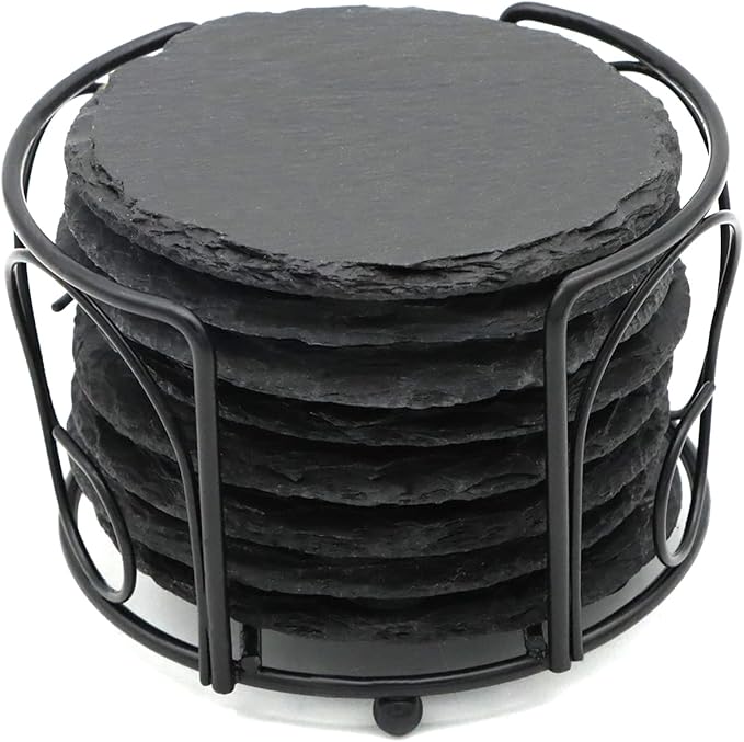 8 PCS Round Slate Drink Coasters Set, SIJDIEE 4 Inch Laser Engraving Black Slate Stone Coasters with Anti-Scratch Bottom and Coaster Holder for Office Bar Kitchen Home Dinner Table Decor Supplies
