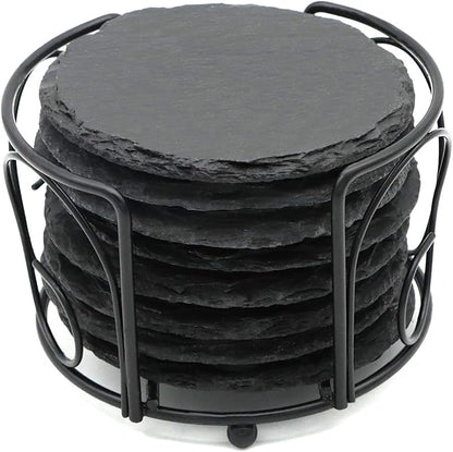 8 PCS Round Slate Drink Coasters Set, SIJDIEE 4 Inch Laser Engraving Black Slate Stone Coasters with Anti-Scratch Bottom and Coaster Holder for Office Bar Kitchen Home Dinner Table Decor Supplies