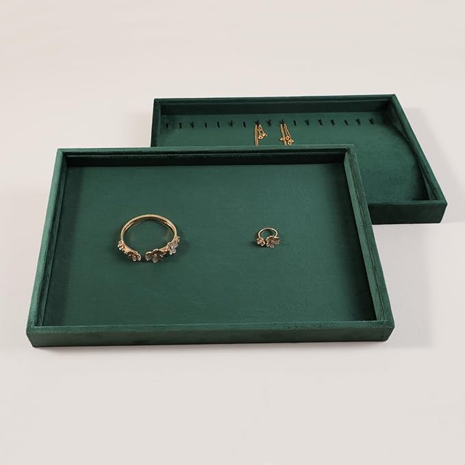 Velvet Stackable Jewelry Display Flat Tray For Ring Earring Necklace Bracelet, Bangle Pendant Storage Blank Plate, Shop Countertop Jewelry Dish Organizer (Green)