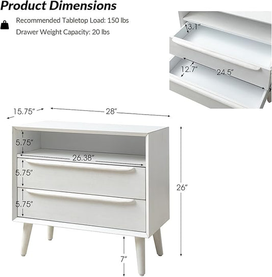 HULALA HOME End Table with Charging Station, Mid-Century Modern 2 Drawer and Open Shelf, Fluted End Table（White, Set of 2）