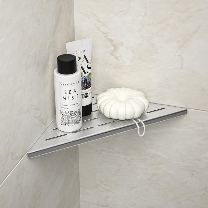 Bernkot Corner Shower Shelf 10" Brushed 304 Stainless Steel Slot Design Recessed Corner Shelf Bathroom Grout in Shelf for Tiled Wall