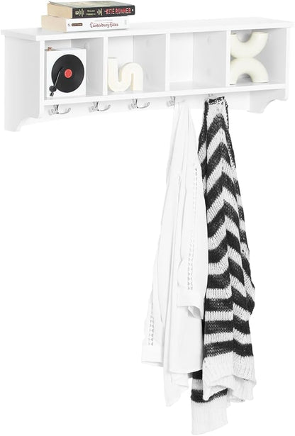 Haotian White Wall Shelf with Coat Hooks, Wall Coat Rack Entryway, Display Storage Unit with 4 Components 5 Bathroom Kitchen Cupboard, FRG48-L-W
