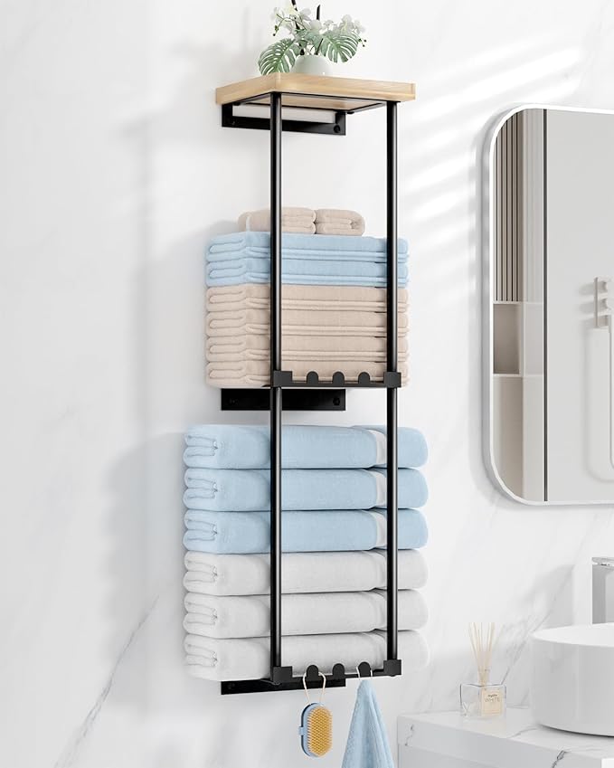 HapiRm Towel Racks for Bathroom Storage - No Drill Wall Mounted Towel Holder with Shelf and 6 Hooks, Rolled Towel Storage Bath Towel Organizer for Small Bathroom, Camper, Rv - Black