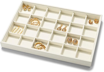 24 Grids Microfiber Jewelry Trays Ring Earrings Organizer Tray Stackable Jewelry Drawer Organizer(Beige)