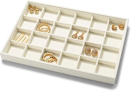 24 Grids Microfiber Jewelry Trays Ring Earrings Organizer Tray Stackable Jewelry Drawer Organizer(Beige)