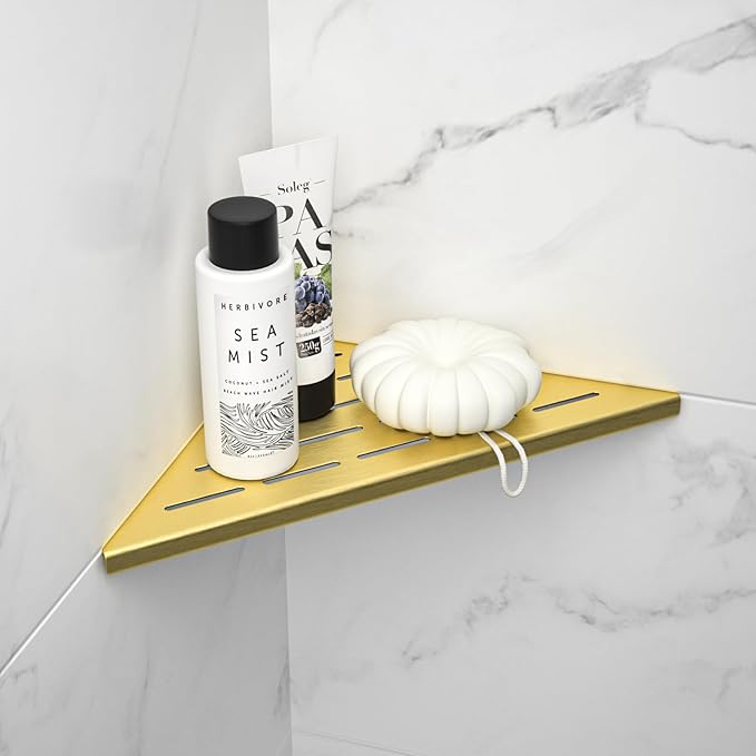 Bernkot Corner Shower Shelf, 304 Stainless Steel Bathroom Shelf for Tiled Wall, Grout in Shelves (Gold, 10"-2 Pack)
