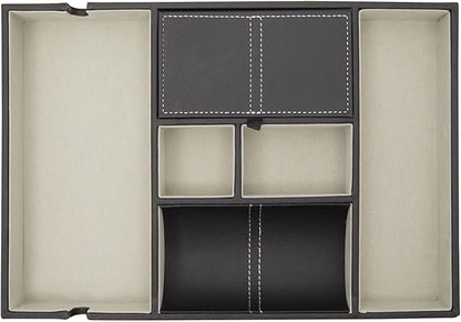Juvale Nightstand Organizer Tray - 14 x 10 x 1.5 in, Black Faux Leather - Valet Tray for Men with 6 Compartments for Watch, Jewelry & Keys