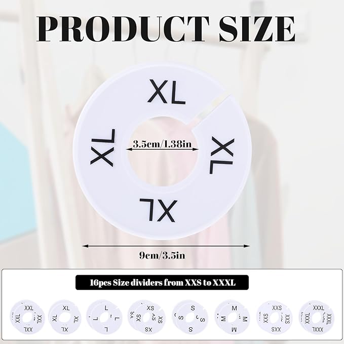16 Pcs Clothing Size Dividers,Size Rings for Clothing Racks Round White Plastic Clothings Sizes Closet Rack Dividers Hangers Pre-Labeled (XXS-XXXL) Round Sizer for Rods and Organizers