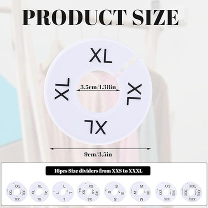 16 Pcs Clothing Size Dividers,Size Rings for Clothing Racks Round White Plastic Clothings Sizes Closet Rack Dividers Hangers Pre-Labeled (XXS-XXXL) Round Sizer for Rods and Organizers