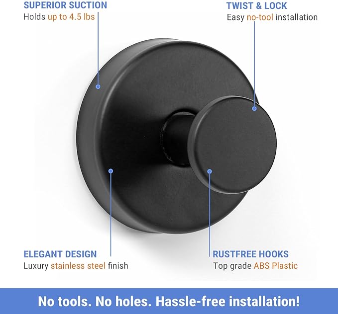 Season 2 Season Suction Cup Hooks for Shower, 4 Pcs Shower Hook for Bathroom Stainless Steel Wall Hook for Hanging up to 6.5 lbs for Kitchen, Glass, Mirror,Black