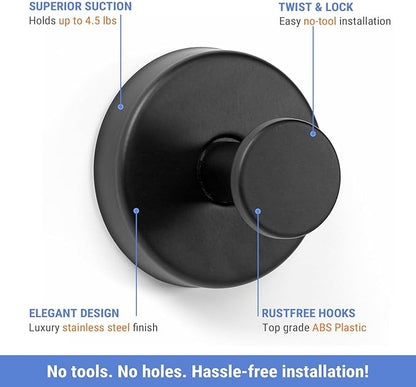 Season 2 Season Suction Cup Hooks for Shower, 4 Pcs Shower Hook for Bathroom Stainless Steel Wall Hook for Hanging up to 6.5 lbs for Kitchen, Glass, Mirror,Black