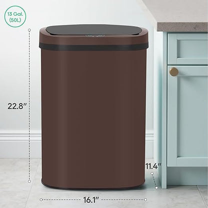 BestOffice | 13 Gallon Stainless Steel Trash Can with Lid | Brown | Automatic Touchless Garbage Can | Odor Control | Modern Oval Design | Easy to Clean | Fits Any Kitchen, Bathroom, Office or Home