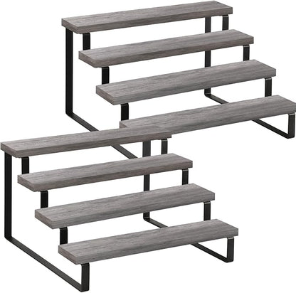 YINMIT Wooden Display Riser Stand, Tiered Perfume and Cologne Organizer Stand, 4 Tier Spice Rack Organizer, Rustic Display Shelf for Candles (4 Tier,2Pack,Grey)