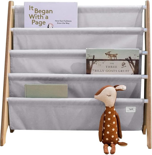 3 Sprouts Recycled Fabric Kids Bookshelf – 4-Tier Sling Book Rack Organizer - Nursery Room Playroom Classroom Wooden Book Shelves - Kid Bookcase Wood Storage Shelf for Toddler Age 3+ - Gray