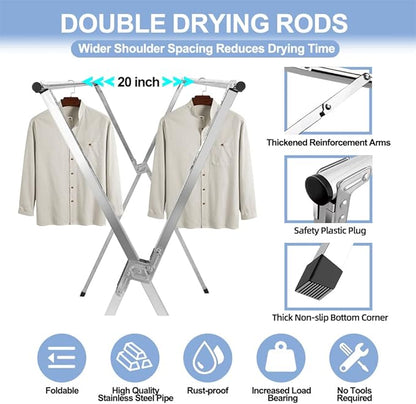 2026 Premium Stainless Steel Clothes Drying Racks, Foldable and Adjustable Laundry Drying Rack Clothing for Indoor Outdoor （79" D x 28.4" W x 50.4" H）