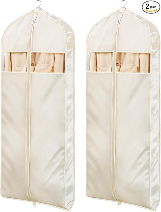 Univivi Super Soft Satin Garment Bags for Hanging Clothes, 60 Inch Zippered Dress Cover with Gussets, Breathable & Non-smell for Dresses, Coats, Jackets, Shirts, 2 Pack - Apricot