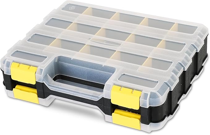 Small Parts Organizer | Storage Case Tools Box 34-Compartments Double Side Organizer Box with Removable Dividers for Small Hardware, Screws, Bolts, Nuts, Nails, Beads (Yellow)