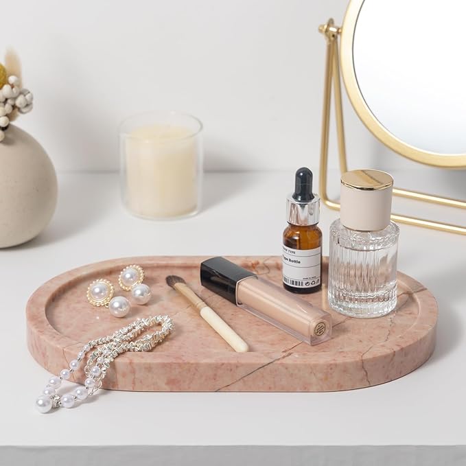 Cream Rose Marble Oval Tray 10x6 Inch - Vanity & Bathroom Organizer, Coffee Table Decor - Weighted Stone Base