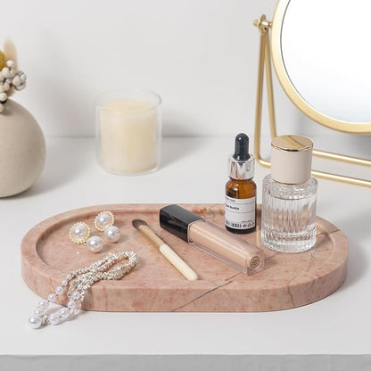 Cream Rose Marble Oval Tray 10x6 Inch - Vanity & Bathroom Organizer, Coffee Table Decor - Weighted Stone Base