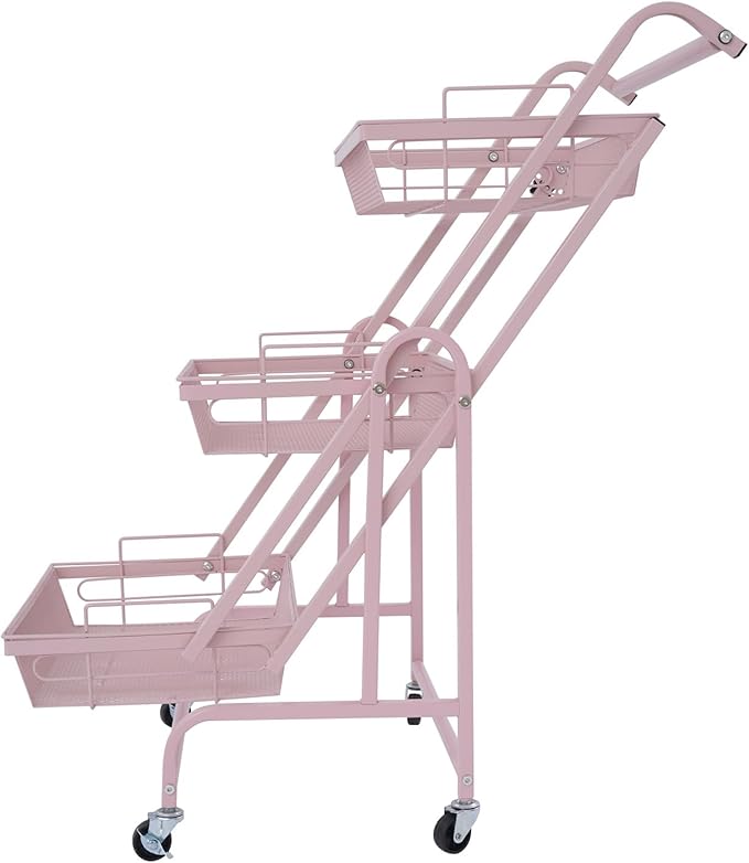 3 Tier Adjustable Storage Carts, Movable Utility Cart, Metal Rolling Cart, Multi-Functional Storage Trolley w/Wheels, Storage Shelves for Kitchen/Bathroom/Bedroom/Office (Pink)